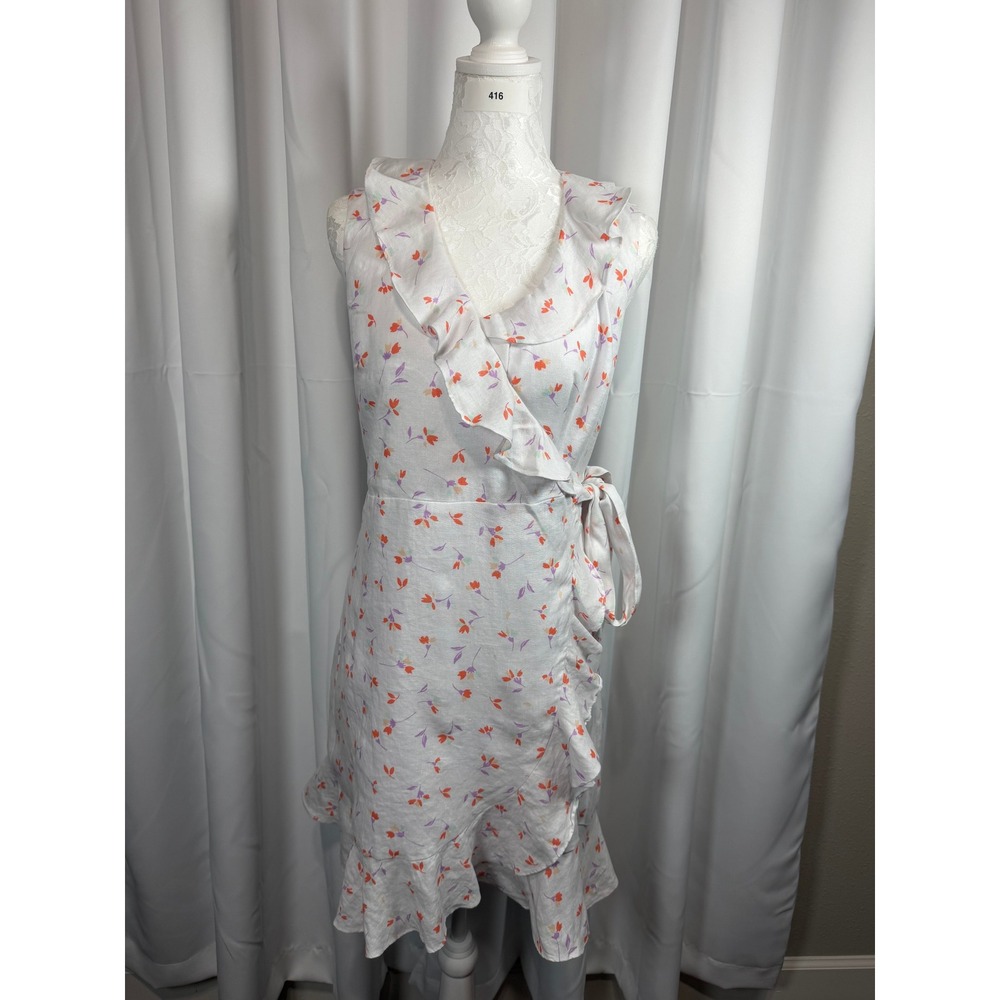 Draper James White Floral Linen Wrap Dress Ruffle Hem Sleeveless Size 2 DRW0549